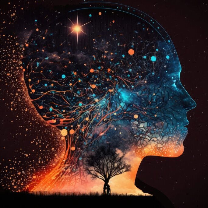 Nebula concept of human head astral silhouette with neurons web abstract background. Generative AI illustration chakra meditation blue energy cybernetic chaotic brain activity